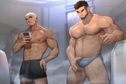 Rule 34 | 3boys, abs, absurdres, arm hair, bandaid, bandaid on cheek, bandaid on face, bara, beard, belly, blush, brown hair, bulge, chest hair, covered penis, dark-skinned male, dark skin, facial hair, feet out of frame, hairy, highres, holding, holding phone, knuckle hair, large pectorals, leg hair, looking at another, looking to the side, male focus, mature male, multiple boys, muscular, muscular male, mustache, navel, navel hair, nipples, original, pectorals, penis size difference, peterhl, phone, raised eyebrow, short hair, shower (place), smug, standing, steam, stubble, thick thighs, thighs, topless male, yaoi