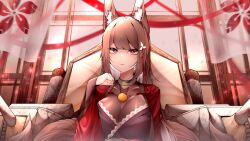 1girl amagi_(azur_lane) animal_ear_fluff animal_ears azur_lane bodystocking breasts brown_hair brown_tail commentary highres japanese_clothes kimono kitsune large_breasts long_hair long_sleeves multiple_tails purple_eyes red_kimono sakura_empire_(emblem) samip solo tail upper_body very_long_hair wide_sleeves