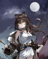 Rule 34 | 1girl, absurdres, animal ear fluff, animal ears, arknights, arrow (projectile), belt, black coat, black gloves, blush, bow (weapon), braid, breasts, brown hair, closed mouth, cloud, coat, collarbone, commentary, cowboy shot, dress, fingerless gloves, full moon, fur-trimmed coat, fur trim, gloves, highres, holding, holding bow (weapon), holding weapon, jewelry, long hair, long sleeves, looking at viewer, lunacub (arknights), medium breasts, moon, necklace, night, night sky, off shoulder, open clothes, open coat, s 4ik4, side braid, sky, smile, solo, split mouth, star (sky), starry sky, weapon, white dress, wolf ears, yellow eyes