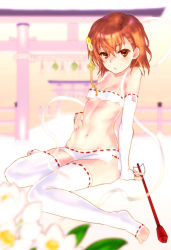 Rule 34 | 1girl, bare shoulders, blurry, blurry foreground, blush, breasts, brown hair, collarbone, crop top, depth of field, detached sleeves, flower, hair between eyes, hair flower, hair ornament, hand on own stomach, long sleeves, looking at viewer, microskirt, misaka mikoto, navel, parted lips, raika9, red eyes, ribbon-trimmed legwear, ribbon-trimmed skirt, ribbon-trimmed sleeves, ribbon trim, sitting, skirt, sleeves past wrists, small breasts, solo, thighhighs, toaru kagaku no railgun, toaru majutsu no index, torii, v-shaped eyebrows, white flower, white skirt, white sleeves, white thighhighs, yellow flower