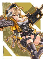 Rule 34 | anis (nikke), bandolier, beret, black headwear, black jacket, black shorts, black thighhighs, breasts, cleavage, crop top, fingerless gloves, gloves, goddess of victory: nikke, grenade launcher, grey gloves, grin, gun, haichi owl, hat, holding, holding gun, holding weapon, jacket, large breasts, light brown hair, multicolored clothes, multicolored jacket, one eye closed, short hair, short shorts, shorts, smile, thigh strap, thighhighs, two-tone jacket, weapon, yellow eyes, yellow jacket, zoom layer