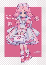 Rule 34 | 1girl, absurdres, artist name, blush, box, chansey, character name, closed mouth, creature and personification, creatures (company), dated, dress, frills, game freak, gen 1 pokemon, grey eyes, hat, highres, holding, holding box, long hair, long sleeves, narumame, nintendo, nurse, nurse cap, parted bangs, pigeon-toed, pink hair, pokedex number, pokemon, pokemon (creature), shoes, smile, socks, white headwear, white legwear