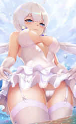 Rule 34 | 1girl, areola slip, azur lane, blue eyes, blush, breasts, cameltoe, center opening, cleavage, covered erect nipples, dress, from below, garter straps, gloves, halter dress, halterneck, highres, illustrious (azur lane), illustrious (morning star of love and hope) (azur lane), l.bou, large breasts, lifting own clothes, long hair, mole, mole under eye, official alternate costume, panties, sideboob, skirt hold, solo, thighhighs, tri tails, underwear, wading, wedding dress, wet, white dress, white gloves, white hair, white panties