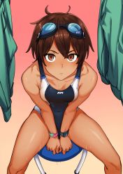 Rule 34 | 1girl, bad id, bad twitter id, blush, breasts, brown eyes, brown hair, collarbone, competition swimsuit, dark-skinned female, dark skin, kr ohoshisama, looking at viewer, one-piece swimsuit, original, short hair, sitting, small breasts, solo, sweat, swimsuit, tomboy, watch, wet, wristwatch