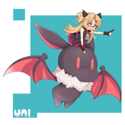 Rule 34 | 1girl, :d, akatsuki uni, animal, bare shoulders, bat (animal), black dress, black gloves, blonde hair, blue background, commentary request, dress, glasses, gloves, hair ornament, hairclip, long hair, looking away, mini person, minigirl, ogami kazuki, open mouth, outstretched arm, parted bangs, partially fingerless gloves, red-framed eyewear, red eyes, semi-rimless eyewear, sleeveless, sleeveless dress, smile, solo, teeth, two-tone background, two side up, under-rim eyewear, uni create, upper teeth only, very long hair, virtual youtuber, white background, zipper pull tab