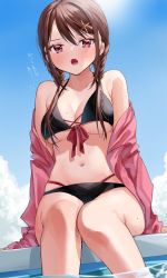 Rule 34 | 1girl, bikini, black bikini, blue sky, blush, braid, breasts, brown hair, chigusa minori, cleavage, cloud, cloudy sky, collarbone, commentary, day, front-tie bikini top, front-tie top, hair ornament, halterneck, highres, jacket, knees together feet apart, long hair, long sleeves, looking at viewer, low twintails, medium breasts, mole, mole on breast, mole on leg, momiji ayaka, multi-strapped bikini, navel, ocean, off shoulder, open clothes, open jacket, open mouth, original, outdoors, pink jacket, purple eyes, red ribbon, ribbon, sitting, sky, solo, stomach, sweatdrop, swimsuit, translated, twin braids, twintails, water, x hair ornament