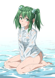 Rule 34 | 1girl, ass, barefoot, blush, breasts, buttons, closed mouth, collared shirt, commission, green eyes, green hair, gyouza (mhea5724), hair bobbles, hair ornament, highres, kisume, long sleeves, looking at viewer, medium hair, shirt, simple background, sitting, skeb commission, small breasts, solo, toes, touhou, twintails, wariza, water, wet, wet clothes, wet shirt, white background, white shirt