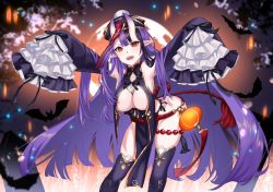 Rule 34 | 1girl, armpits, artist name, bare shoulders, bat (animal), breast curtains, breasts, captain hannah, coffin, commentary, detached sleeves, english commentary, full moon, halloween, hat, horns, indie virtual youtuber, jiangshi, lantern, large breasts, long hair, looking at viewer, moon, multicolored hair, no panties, ofuda, oni horns, open mouth, outstretched arms, paper lantern, pelvic curtain, pointy ears, purple hair, red eyes, revealing clothes, ringeko-chan, second-party source, sleeves past fingers, sleeves past wrists, solo, tassel, thighhighs, virtual youtuber, zombie pose