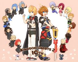 &gt;:) 4girls 6+boys anniversary ansem_the_wise arms_behind_back axel_(kingdom_hearts) black_coat black_coat_(kingdom_hearts) black_footwear black_gloves black_hair black_jacket black_pants black_robe black_shirt black_vest blonde_facial_hair blonde_hair blue_eyes blue_hair blue_pants brown_hair camouflage camouflage_pants cape card chain chain_necklace checkered_clothes chibi chibi_inset closed_eyes coat coat_on_shoulders commentary_request copyright_name cropped_jacket cross_scar dark-skinned_male dark_skin demyx dreadlocks dress everyone eyepatch floating_crown floral_print food full-length_zipper full_body gloves green_vest grey_hair grin hair_slicked_back hand_up hands_up hayner heart heartless_(kingdom_hearts) holding holding_card holding_food holding_ice_cream holding_orb holding_sketchbook holding_weapon hood hood_down hooded_coat ice_cream ice_cream_bar instrument jacket jewelry kairi_(kingdom_hearts) keyblade kingdom_hearts kingdom_hearts_ii light_smile long_bangs long_coat long_hair long_sleeves looking_to_the_side luxord marble_(toy) multicolored_hair multicolored_pants multiple_boys multiple_girls music namine necklace nobody_(kingdom_hearts) olette open_clothes open_jacket open_mouth orange_eyes orange_tank_top organization_xiii over_shoulder pants parted_bangs pence pendant pink_background pink_dress planted planted_sword planted_weapon playing_instrument pointy_ears pouch puffy_pants red_cape red_hair red_ribbon red_shirt ribbon riku_(kingdom_hearts) robe roxas saix scar scar_on_face shirt short_hair short_sleeves sitar sitting sketchbook sleeveless sleeveless_shirt smile sora_(kingdom_hearts) spiked_hair standing star_(symbol) streaked_hair sword tank_top thigh_pouch thigh_strap v-shaped_eyebrows very_short_hair vest wavy_hair weapon weapon_over_shoulder white_dress white_jacket white_vest wristband xaldin xemnas yellow_footwear yubon zipper