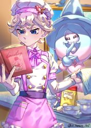Rule 34 | 1boy, bad id, bad pixiv id, bag, bede (pokemon), blonde hair, blue eyes, blurry, book, bow, bowl, bowtie, buttons, character print, closed mouth, commentary request, creatures (company), curly hair, eyelashes, game freak, gen 6 pokemon, gen 8 pokemon, hat, hatterene, highres, holding, holding book, indoors, komame (st beans), male focus, nintendo, paper bag, pink neckwear, pokemon, pokemon (creature), pokemon swsh, reading, short hair, short sleeves, slurpuff, standing, undershirt