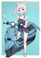 Rule 34 | 1girl, :d, animal ear fluff, animal ears, bag, blue background, blue dress, blue eyes, blue hair, blue nails, brown footwear, cat ears, commentary, dress, fins, fish tail, full body, gawr gura, gawr gura (casual), grey hair, highres, hololive, hololive english, looking at viewer, motor vehicle, motorcycle, multicolored hair, nail polish, official alternate costume, open mouth, sandals, shark tail, sharp teeth, shirt, shoulder bag, side ponytail, sleeveless, sleeveless dress, smile, solo, streaked hair, symbol-only commentary, tail, teeth, toenail polish, toenails, uneg, virtual youtuber, white shirt