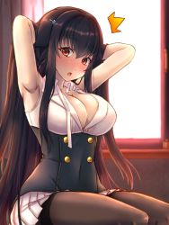 Rule 34 | ^^^, 1girl, azuma (azur lane), azur lane, black hair, blush, breasts, cleavage, hands in hair, indoors, large breasts, long hair, looking at viewer, miniskirt, mouth hold, pantyhose, partially unbuttoned, pleated skirt, ribbon, ribbon in mouth, shirt, sitting, skirt, solo, surprised, tying hair, very long hair, waa! okami, white shirt, white skirt, yellow eyes
