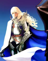 Rule 34 | 1boy, armor, berserk, blue eyes, cape, closed mouth, full armor, gauntlets, greaves, griffith (berserk), lips, long hair, looking at viewer, male focus, nisino2222, revision, shoulder armor, solo, wavy hair, white cape, white hair, wings