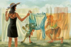 Rule 34 | 1boy, 2023, 2girls, antlers, back, black dress, black hair, clothes pin, clothesline, clotheslining, commentary, criss-cross back-straps, cross, disembodied hand, dress, english commentary, extra arms, hana hana no mi, hat, hiding, highres, horns, laundry, looking at another, lunaisanartist, medium hair, multiple girls, nami (one piece), nico robin, one piece, orange hair, red nails, reindeer antlers, sandals, short hair, shorts, signature, smile, squatting, straw hat, tank top, tony tony chopper