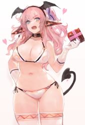 Rule 34 | 1girl, angry, areola slip, bat wings, bikini, blue eyes, blush, bow, box, breasts, choker, cleavage, demon tail, elbow gloves, gift, gift box, gloves, hair bow, head wings, heart, holding, huge breasts, long hair, navel, open mouth, original, pink hair, pointy ears, side-tie bikini bottom, simple background, solo, swimsuit, tail, thighhighs, white background, white gloves, white thighhighs, wings, yaoya musuko