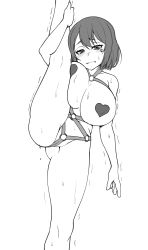 Rule 34 | 1girl, ajidot, blush, breast press, breasts, cleavage, greyscale, heart, heart pasties, highres, holding leg, large breasts, looking at viewer, monochrome, motion lines, original, parted lips, pasties, short hair, solo, split, standing, standing on one leg, standing split, sweat, tearing up