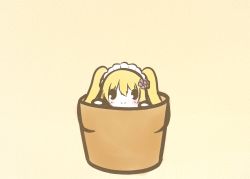 Rule 34 | 1girl, beige background, blonde hair, blush, chibi, commentary, flower, flower knight girl, flower pot, hair flower, hair ornament, heliotrope (flower), heliotrope (flower knight girl), in container, koti, long hair, looking at viewer, maid headdress, purple flower, smile, solid oval eyes, solo, twintails