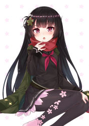 Rule 34 | 1girl, absurdres, black hair, black pantyhose, black sailor collar, black serafuku, black shirt, black skirt, blush, cherry blossom print, chestnut mouth, commentary request, feet out of frame, fingernails, floral print, flower, girls&#039; frontline, green flower, green jacket, hair flower, hair ornament, hand up, highres, j young, jacket, long hair, long sleeves, looking at viewer, neckerchief, open mouth, pantyhose, pleated skirt, print pantyhose, red eyes, red neckerchief, red scarf, sailor collar, scarf, school uniform, serafuku, shirt, skirt, sleeves past wrists, solo, type 100 (girls&#039; frontline), very long hair, white background