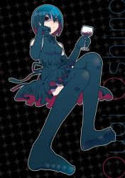Rule 34 | 1girl, bad id, bad pixiv id, black eyes, black hair, colored inner hair, cup, dress, drinking glass, elbow gloves, gloves, monogatari (series), multicolored hair, oshino ougi, short hair, solo, thighhighs, two-sided fabric, two-sided skirt, wine glass, yadokugaeru