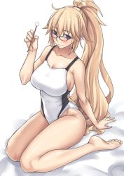 Rule 34 | 1girl, barefoot, blonde hair, blue eyes, blush, breasts, cleavage, collarbone, commentary request, competition swimsuit, fate/grand order, fate (series), glasses, highleg, highleg swimsuit, jeanne d&#039;arc (fate), jeanne d&#039;arc (ruler) (fate), jeanne d&#039;arc (swimsuit archer) (fate), jeanne d&#039;arc (swimsuit archer) (second ascension) (fate), kinntarou, large breasts, long hair, looking at viewer, mimikaki, one-piece swimsuit, ponytail, simple background, sitting, smile, solo, swimsuit, very long hair, wariza, white background, white one-piece swimsuit