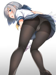 Rule 34 | 10s, 1girl, ass, bad id, bad pixiv id, bent over, black pantyhose, blush, commentary request, crotch seam, from behind, hamakaze (kancolle), highres, kantai collection, kyuuso inukami, loafers, looking at viewer, looking back, open mouth, panties, panties under pantyhose, pantyhose, pantyshot, school uniform, serafuku, shoes, short hair, silver hair, sketch, skirt, solo, underwear, upskirt