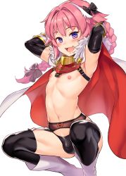 Rule 34 | 1boy, :d, absurdres, arched back, armpits, arms behind head, arms up, astolfo (fate), black bow, black gloves, black panties, black ribbon, black thighhighs, blush, boots, bow, braid, buckle, bulge, cape, chain, commentary request, elbow gloves, fang, fate/apocrypha, fate (series), floating hair, fur-trimmed cape, fur collar, fur trim, garter belt, gauntlets, gloves, hair bow, hair intakes, hair ribbon, heart, heart-shaped pupils, highres, jairou, knee boots, long hair, looking at viewer, male focus, mars symbol, multicolored hair, navel, nipples, open mouth, panties, pectorals, pink hair, purple eyes, red bow, red cape, ribbon, sidelocks, simple background, single braid, skin fang, smile, solo, squatting, stomach, streaked hair, symbol-shaped pupils, thighhighs, trap, underwear, white background, white cape, white footwear, white hair
