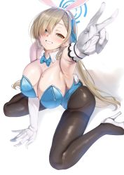 Rule 34 | 1girl, absurdres, animal ears, armpits, asuna (blue archive), asuna (bunny) (blue archive), blonde hair, blue archive, blue bow, blue eyes, blue leotard, blue ribbon, blurry, blurry foreground, blush, bow, bowtie, breasts, cleavage, depth of field, detached collar, fake animal ears, gloves, grin, hair over one eye, hair ribbon, halo, high heels, highres, large breasts, leotard, long hair, looking at viewer, mole, mole on breast, outstretched arm, pantyhose, perspective, playboy bunny, rabbit ears, rabbit tail, ramanda, ribbon, shiny skin, simple background, sitting, smile, solo, strapless, strapless leotard, tail, thighband pantyhose, traditional bowtie, v, very long hair, wariza, white background, white footwear, white gloves, ||/