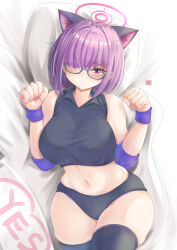 Rule 34 | 1girl, absurdres, animal ears, bare shoulders, bed sheet, black buruma, black shirt, black thighhighs, black wristband, blue archive, blush, bob cut, bra, bra visible through clothes, breasts, buruma, cat ears, collared shirt, commentary request, crop top, elbow pads, fate/grand order, fate (series), glasses, grey-framed eyewear, gym uniform, halo, highres, kazusa (blue archive), lace, lace-trimmed bra, lace-trimmed panties, lace trim, large breasts, linea alba, lingerie, looking at viewer, lying, mash kyrielight, medium hair, navel, on back, panties, panty peek, paw pose, pillow, pink eyes, pink hair, pink halo, purple panties, red bra, shirt, signature, solo, stomach, thighhighs, thighs, tong shui, underwear, wristband, yes-no pillow