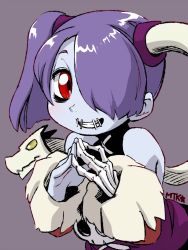 Rule 34 | 1girl, blue skin, blush, colored skin, fingers together, grey background, grin, hair over one eye, highres, leviathan (skullgirls), looking at viewer, mtk hoshi, purple hair, side ponytail, skeletal arm, skullgirls, smile, solo, squigly (skullgirls), stitched mouth, stitches, upper body