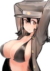 Rule 34 | 10s, 1girl, akitsu maru (kancolle), arms up, black hair, blush, breasts, brown eyes, buttons, female focus, hat, highres, kantai collection, large breasts, looking at viewer, military, military uniform, open clothes, peaked cap, short hair, simple background, sketch, smile, solo, tori kaku, uniform