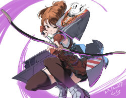 Rule 34 | aquila (kancolle), armpit cutout, arrow (projectile), black thighhighs, blush, bow (weapon), brown hair, clothing cutout, dated, flight deck, gegeron, green ribbon, hair between eyes, hair ornament, hairclip, high ponytail, high side ponytail, highres, holding, holding arrow, holding bow (weapon), holding weapon, jacket, kantai collection, long hair, long sleeves, machinery, orange hair, ponytail, quiver, red jacket, ribbon, short hair, signature, thighhighs, wavy hair, weapon