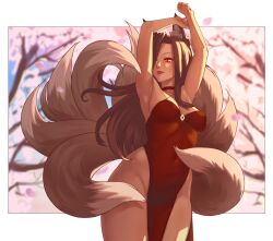 1girl animal_ear_fluff animal_ears arms_up bloopiest blurry blurry_background breasts brown_hair cherry_blossoms commission dress facial_mark falling_petals fox_ears fox_girl fox_tail glowing glowing_eyes highleg highleg_dress highres large_breasts lips long_hair multiple_tails original petals red_dress red_eyes red_lips solo tail whisker_markings