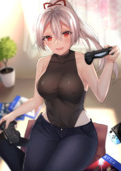 Rule 34 | 1girl, absurdres, backlighting, bare shoulders, black leotard, blue pants, blush, breasts, collarbone, controller, curtains, denim, dualshock, fate/grand order, fate (series), game controller, gamepad, hair between eyes, hair ribbon, handheld game console, heattech leotard, highleg, highleg leotard, highres, jeans, large breasts, leotard, leotard under clothes, long hair, looking at viewer, nintendo, nintendo switch, open mouth, pants, plant, playstation controller, ponytail, potted plant, red eyes, red ribbon, ribbon, silver hair, sitting, smile, solo, sony, thighs, tomoe gozen (fate), turtleneck, window, yufou