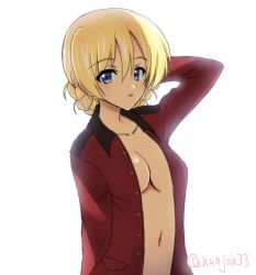 Rule 34 | 1girl, arm behind head, arm up, bad id, bad twitter id, blonde hair, blue eyes, braid, breasts, cleavage, commentary, darjeeling (girls und panzer), epaulettes, girls und panzer, jacket, long sleeves, looking at viewer, medium breasts, military, military uniform, naked jacket, nanjou satoshi, navel, no bra, no shirt, one-hour drawing challenge, open clothes, open jacket, parted lips, red jacket, short hair, simple background, solo, st. gloriana&#039;s military uniform, twitter username, uniform, upper body, white background
