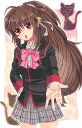 Rule 34 | 1girl, bad id, bad pixiv id, brown hair, cat, little busters!, long hair, natsume rin, otsuki38, ponytail, red eyes, school uniform, silhouette