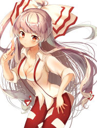 Rule 34 | 1girl, absurdres, blush, bow, breasts, cleavage, commentary request, fire, fujiwara no mokou, hair bow, highres, long hair, looking at viewer, medium breasts, nenobi (nenorium), pants, red eyes, red pants, shirt, simple background, solo, suspenders, touhou, very long hair, white background, white bow, white hair, white shirt