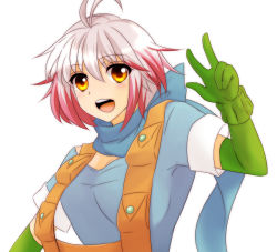Rule 34 | 1girl, ahoge, blush, breasts, elbow gloves, gloves, grey hair, multicolored hair, open mouth, pascal (tales), scarf, short hair, tales of (series), tales of graces, yellow eyes