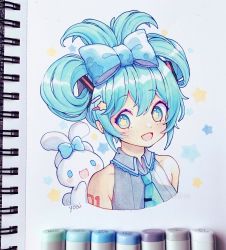Rule 34 | 1girl, absurdres, alternate hairstyle, anny (yoai), aqua eyes, aqua hair, aqua necktie, arm tattoo, arms at sides, art tools in frame, artist name, bare shoulders, blush, bow, cinnamiku, cinnamoroll, collarbone, collared shirt, commentary, english commentary, hair between eyes, hair bow, hair ornament, hair rings, hairclip, hatching (texture), hatsune miku, highres, instagram username, linear hatching, looking at viewer, marker, marker (medium), necktie, open mouth, pen (medium), photo (medium), portrait, sanrio, shirt, sidelocks, sideways glance, solid eyes, split mouth, star-shaped pupils, star (symbol), star hair ornament, star print, symbol-shaped pupils, tattoo, tie clip, tied ears, tongue, traditional media, updo, vocaloid, watermark