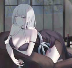 Rule 34 | 1girl, :d, alternate costume, armband, backless dress, backless outfit, bare legs, black dress, blush, bottle, breast hold, breasts, chinese commentary, cleavage, clothing cutout, collar, commentary request, condom, condom wrapper, couch, cowboy shot, cup, dress, drinking glass, earrings, girls&#039; frontline, groin, halter dress, halterneck, heart, heart-shaped pupils, highres, holding, holding condom, holding cup, indoors, jewelry, kneeling, large breasts, looking at viewer, naughty face, open mouth, plant, purple eyes, rpk-16 (girls&#039; frontline), ru zhai, sash, see-through, short hair, side cutout, side slit, sidelocks, smile, solo, sparkle, sweatdrop, symbol-shaped pupils, table, white hair, window, window shadow, wine bottle, wine glass