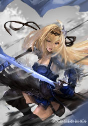 Rule 34 | 1girl, armor, bad id, bad pixiv id, battle, blonde hair, blue eyes, boots, breasts, cleavage, dual wielding, feather hair ornament, feathers, fighting stance, flag, flower, gauntlets, gloves, glowing, glowing sword, glowing weapon, granblue fantasy, hair flower, hair intakes, hair ornament, hairband, holding, holding flag, holding sword, holding weapon, jeanne d&#039;arc (granblue fantasy), long hair, para00, skirt, solo, sword, thigh boots, thighhighs, thighs, weapon