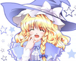 Rule 34 | 1girl, ^ ^, alternate color, bad id, bad pixiv id, blonde hair, blush, braid, closed eyes, closed eyes, female focus, hat, hazuki m, kirisame marisa, long hair, smile, solo, star (symbol), string, string of fate, touhou, upper body, white background, witch, witch hat