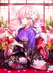 Rule 34 | 1girl, ahoge, animal, animal on shoulder, architecture, black kimono, blue kimono, blush, bowl, cherry blossoms, chopsticks, commentary request, east asian architecture, eating, fate/grand order, fate (series), floral print, flower, food, fou (fate), from side, full body, hair flower, hair ornament, hair over one eye, japanese clothes, kadomatsu, kimono, looking at viewer, mash kyrielight, mash kyrielight (grand new year), mashima saki (mashimasa), md5 mismatch, mochi, multicolored clothes, new year, obi, official alternate costume, on shoulder, one eye covered, petals, pink flower, pink hair, pink theme, purple eyes, purple hair, red carpet, resolution mismatch, sash, seiza, short hair, sitting, sliding doors, source larger, tree, wagashi, white flower, wide sleeves, yellow flower, zouni soup