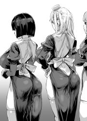 Rule 34 | 3girls, asanagi, ass, bow, breasts, butt crack, dress, greyscale, hat, highres, large breasts, long hair, monochrome, multiple girls, nun, original, short hair, skindentation, thighhighs, twintails, white background
