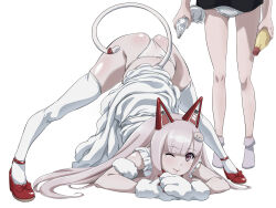 Rule 34 | 2girls, ;), animal ears, animal hands, ass, bare shoulders, blunt bangs, bottle, cat ears, cat tail, fake animal ears, female focus, full body, gradient background, grey hair, hair ornament, highres, jack-o&#039; challenge, long hair, looking at viewer, multiple girls, namahoshi-chan, nomanota, one eye closed, panties, red footwear, red ribbon, ribbon, shinsougumi, shiny skin, shoes, simple background, skindentation, smile, spread legs, standing, tail, tail ornament, tail ribbon, thighhighs, top-down bottom-up, underwear, virtual youtuber, white background, white panties, white thighhighs