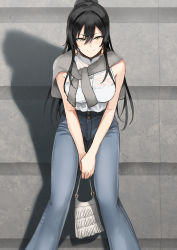 Rule 34 | 1girl, alternate costume, armpit crease, bag, black hair, blouse, breasts, denim, earrings, feet out of frame, hair between eyes, handbag, highres, idolmaster, idolmaster shiny colors, jacket around neck, jeans, jewelry, large breasts, leaning forward, looking at viewer, own hands together, pants, ponytail, see-through, see-through shirt, shadow, shirase sakuya, shirt, sleeveless, sleeveless shirt, smile, solo, tsurime, tsurui, wall