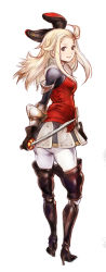 Rule 34 | 1girl, ancomomomo, armor, blonde hair, boots, bravely default: flying fairy, bravely default (series), brown eyes, edea lee, high heels, highres, long hair, pantyhose, ribbon, smile, solo, sword, thigh boots, thighhighs, weapon