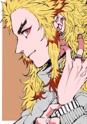 Rule 34 | 1boy, adjusting sleeves, blonde hair, brown background, coat, earrings, grey coat, highres, jewelry, kimetsu no yaiba, long hair, multicolored hair, red eyes, rengoku kyoujurou, ring, shirt, solo, souryu513 (sousuke), streaked hair, striped clothes, striped shirt, thick eyebrows, two-tone hair