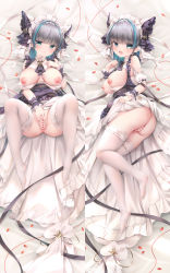 Rule 34 | 1girl, aqua eyes, ass, azur lane, bar censor, bed sheet, black hair, blunt bangs, breasts, breasts out, censored, chen bin, cheshire (azur lane), cleft of venus, closed mouth, dakimakura (medium), full body, highres, large breasts, looking at viewer, lying, maid headdress, multicolored hair, nipples, on back, on side, open mouth, petals, pussy, short hair, smile, solo, streaked hair, thighhighs, white thighhighs, wrist cuffs