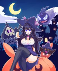 Rule 34 | absurdres, breasts, cleavage, cosplay, creatures (company), duskull, game freak, gastly, gen 1 pokemon, gen 3 pokemon, gen 4 pokemon, gen 6 pokemon, halloween, hex maniac (pokemon), highres, messy hair, mismagius, mismagius (cosplay), nintendo, pokemon, pokemon xy, pumpkaboo, thighhighs, witch