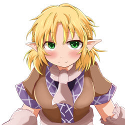 Rule 34 | 1girl, arm warmers, black shirt, blonde hair, blush, breasts, brown jacket, clip studio paint (medium), closed mouth, commentary request, green eyes, half updo, highres, jacket, looking at viewer, medium breasts, mizuhashi parsee, multicolored clothes, multicolored jacket, pointy ears, sash, scarf, shirt, short hair, simple background, smile, solo, touhou, upper body, white background, white sash, white scarf, yasui nori